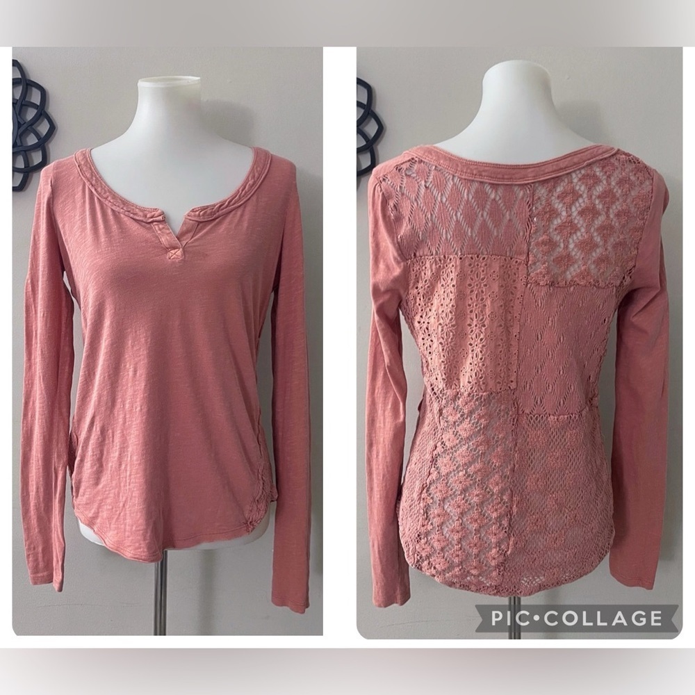 Free People Dusty Rose Long Sleeve Henley Top Casual Boho Lace Back S